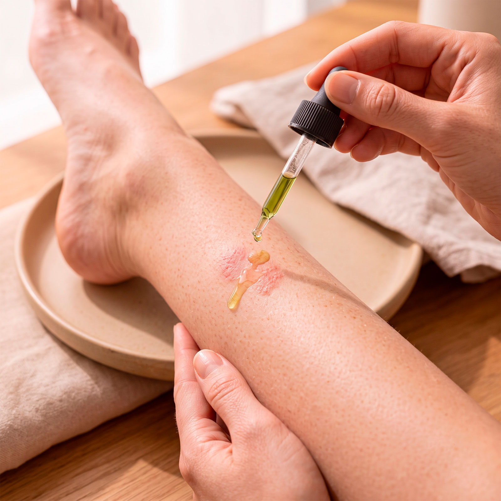 This image features a close-up of a person's leg, which has a red, irritated skin rash. A hand is holding a dropper and carefully applying Kawakawa Oil.