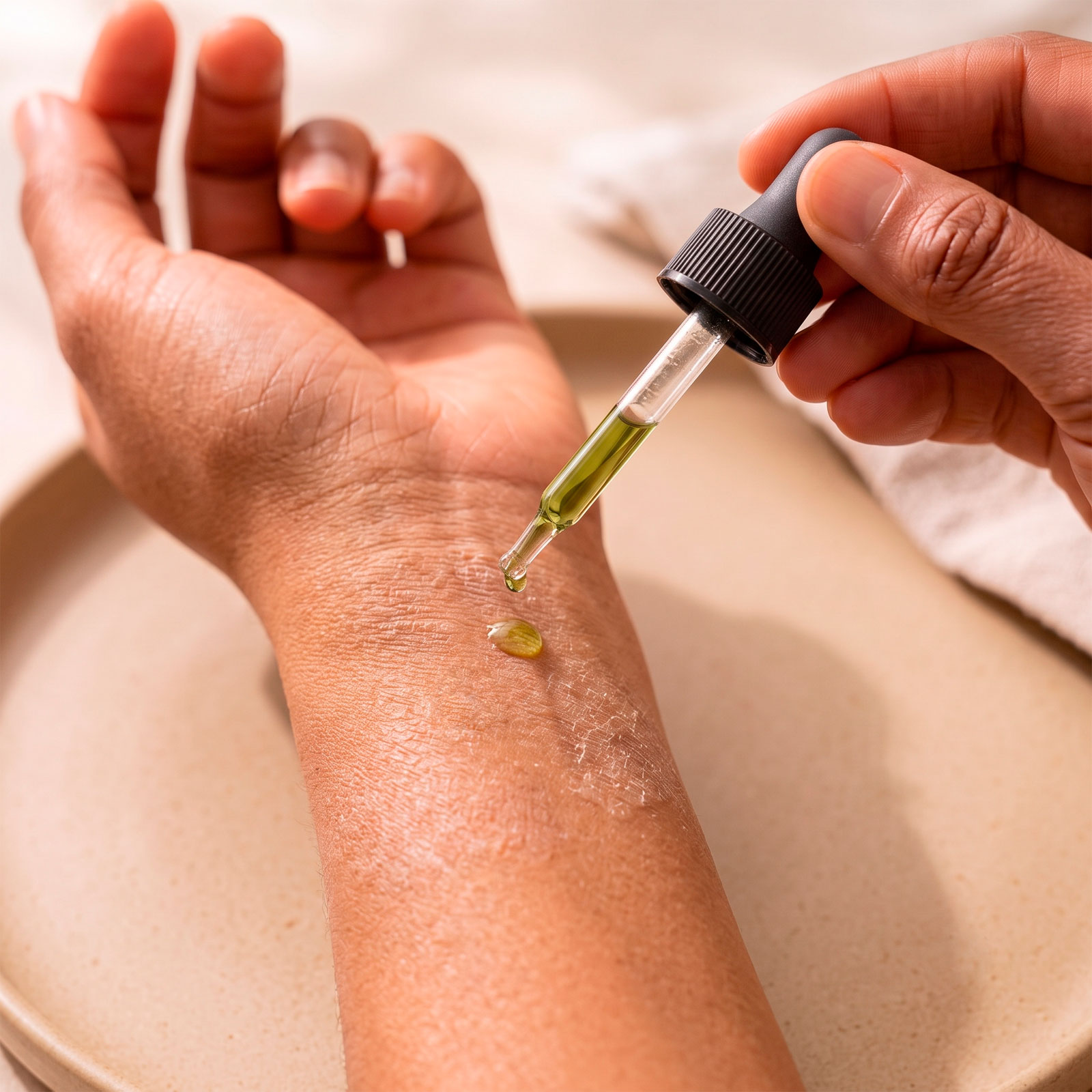 A close-up shot of a person's inner wrist area as they use a glass dropper to apply a single drop of Kawakawa Barrier Oil.