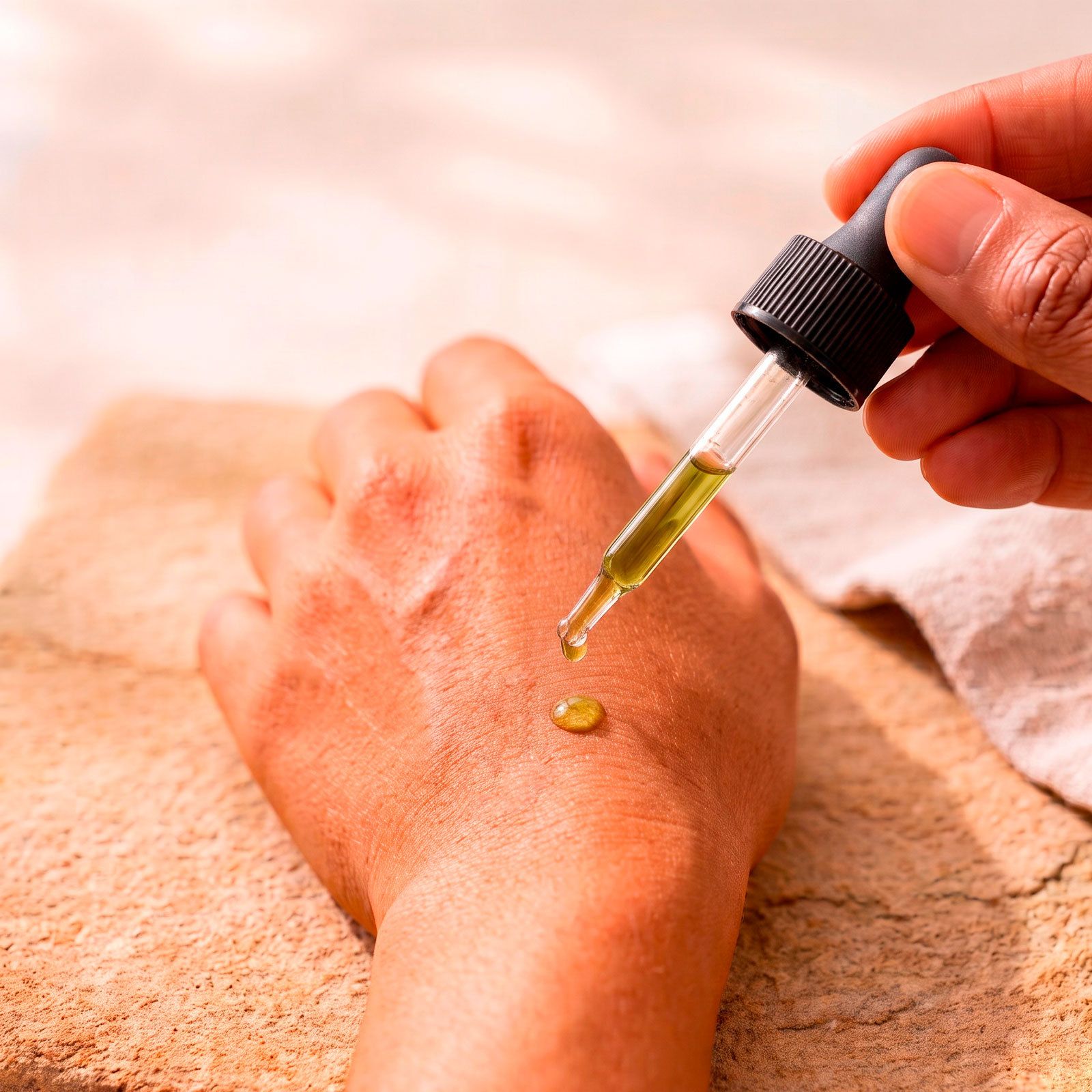 A close-up shot of a person's hand with three drops of Kawakawa Barrier Oil