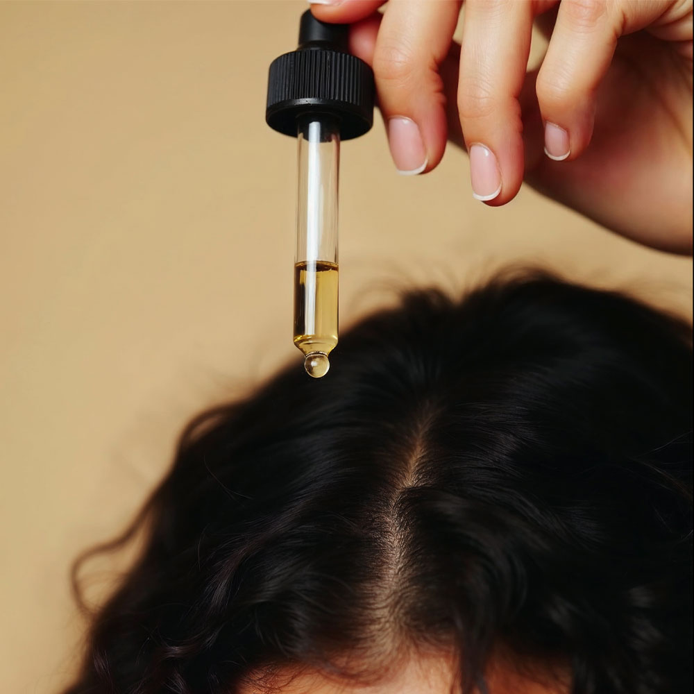 A close-up of a hand holding a glass dropper filled with eckco Hair + Scalp Support oil over the scalp part of dark, wavy hair