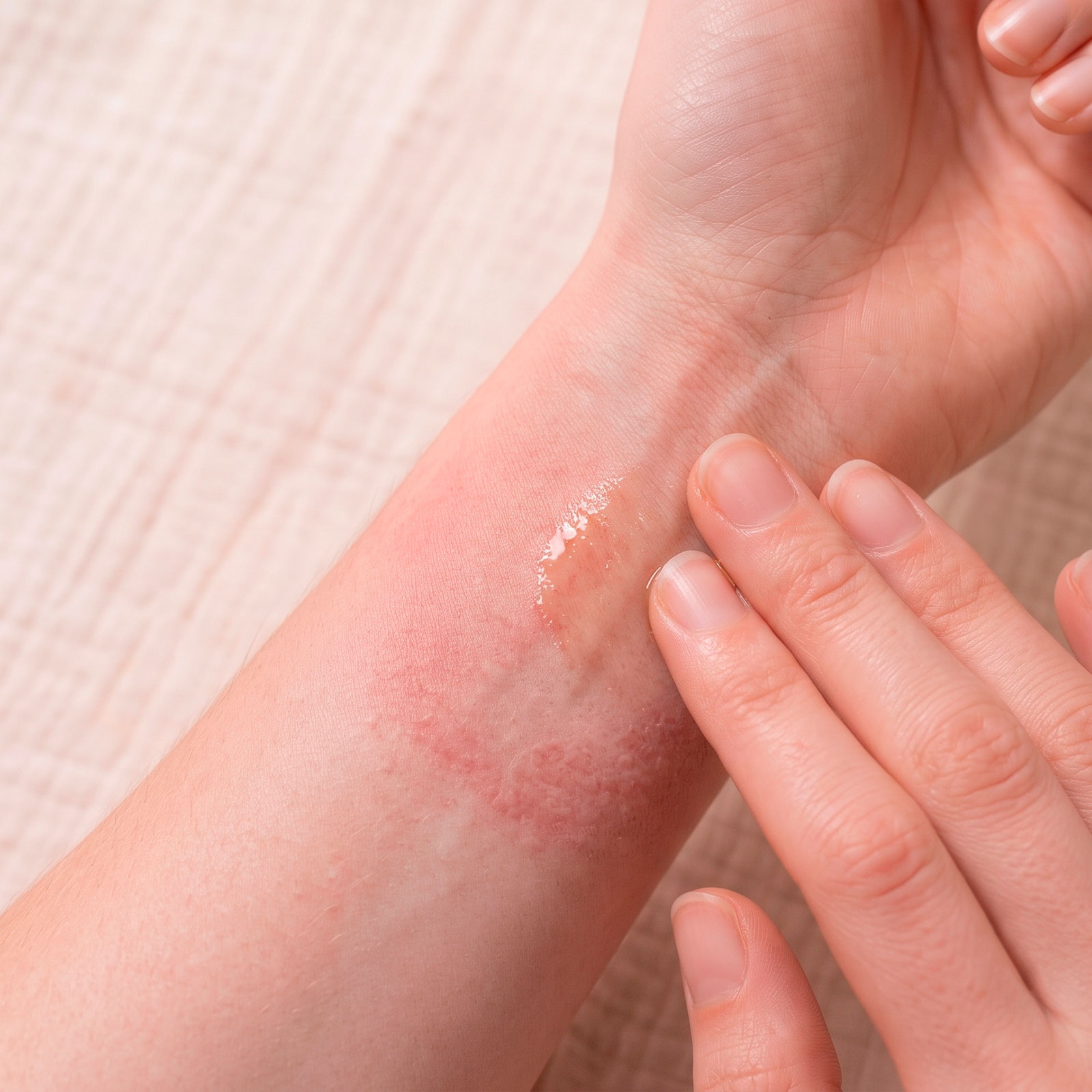 This image features a close-up of a person's arm, which has a red, irritated skin rash. A hand is carefully applying Kawakawa Oil to their sensitive skin.