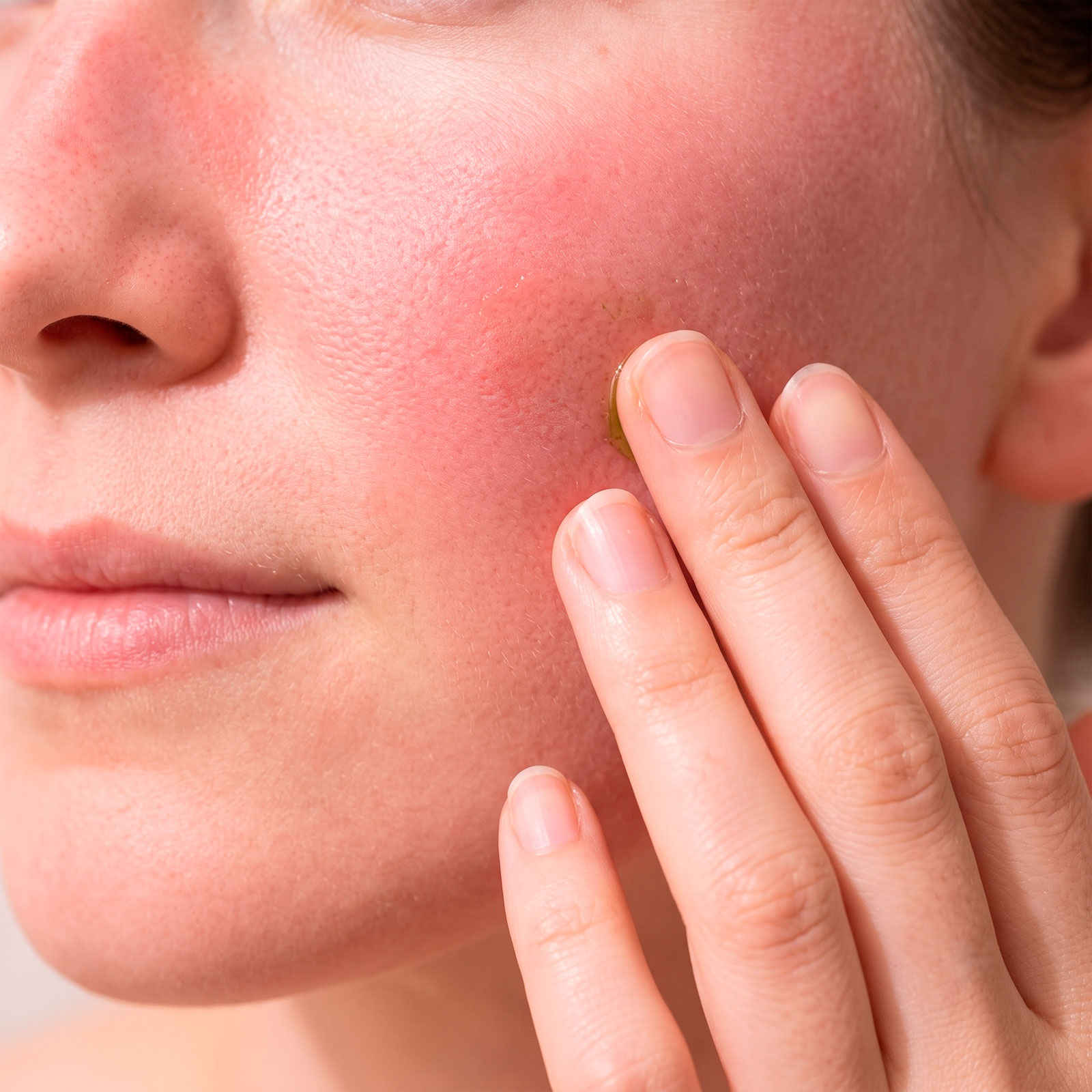 This image features a close-up of a person's face, which has a red, irritated sunburn. A hand is carefully applying Kawakawa Sensitive Oil.