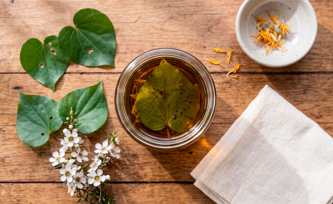 A top-down view of a wooden surface featuring heart-shaped Kawakawa leaves and small white Manuka flowers. A glass jar in the centre contains a golden liquid with a single leaf submerged. A small white bowl with dried orange petals and a folded white cloth sit nearby