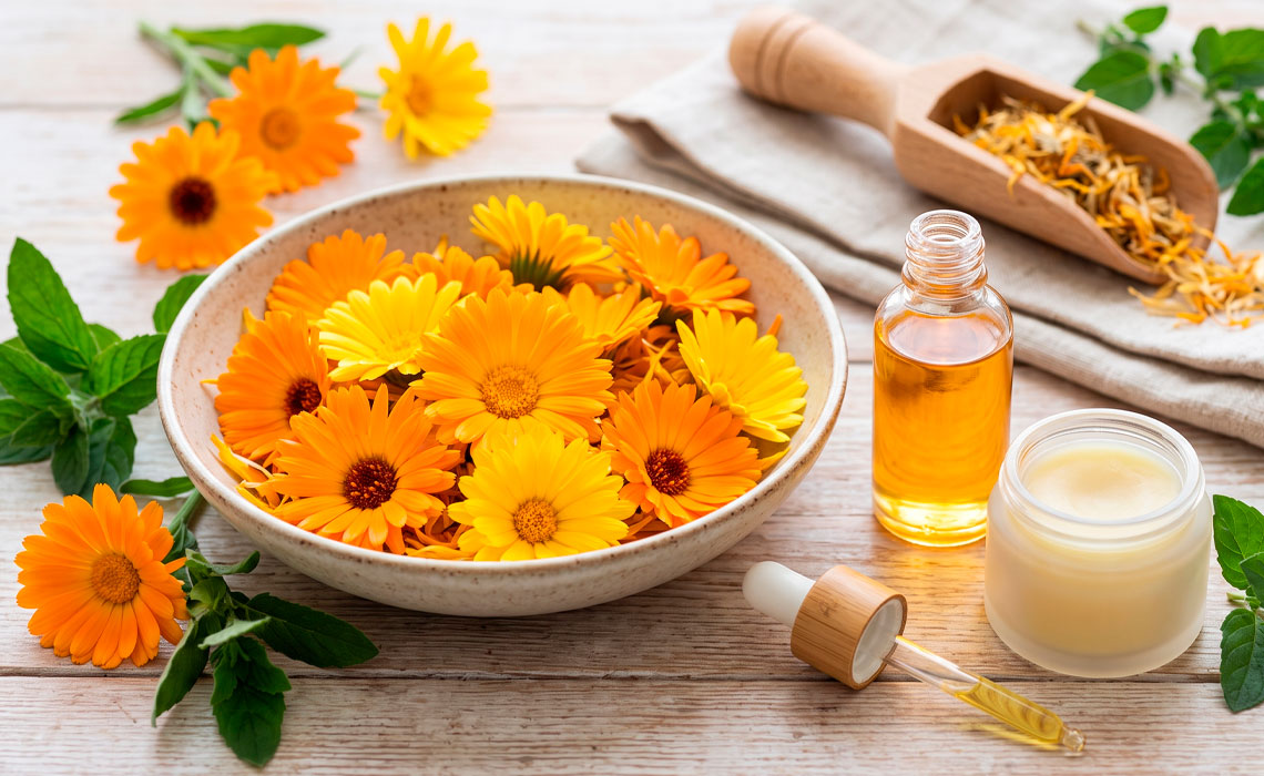 A large bowl is filled with vibrant orange and yellow calendula flowers, More fresh calendula flowers are scattered on the wooden surface. To the right of the bowl, there's a glass oil bottle containing a golden-hued sunflower oil, and a small cream jar filled with a thick, pale ointment. A glass dropper with a wooden cap lies nearby. In the background, a wooden scoop with dried calendula petals, Sprigs of fresh mint leaves are placed around the arrangement, adding a touch of green