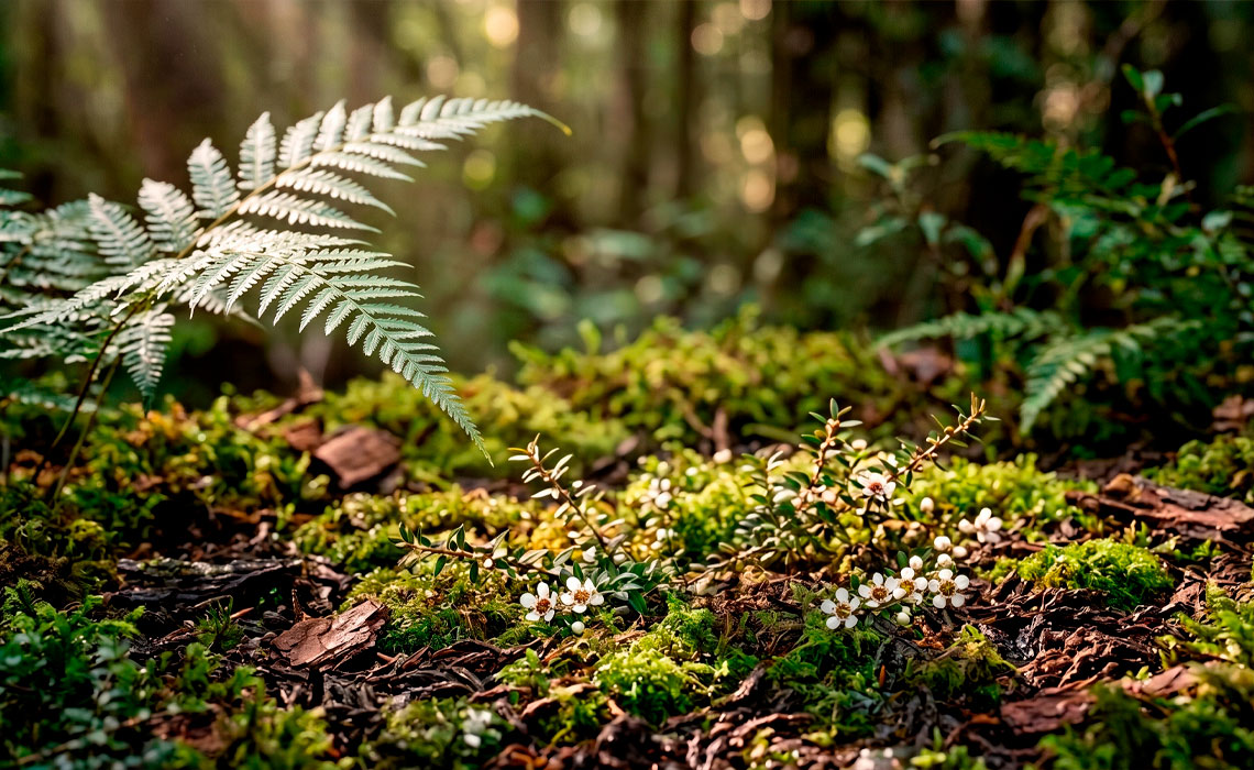 A close-up view of a sunlit forest floor with a delicate fern frond reaching over green moss and small, white-flowered native shrubs, with a softly blurred forest canopy in the background